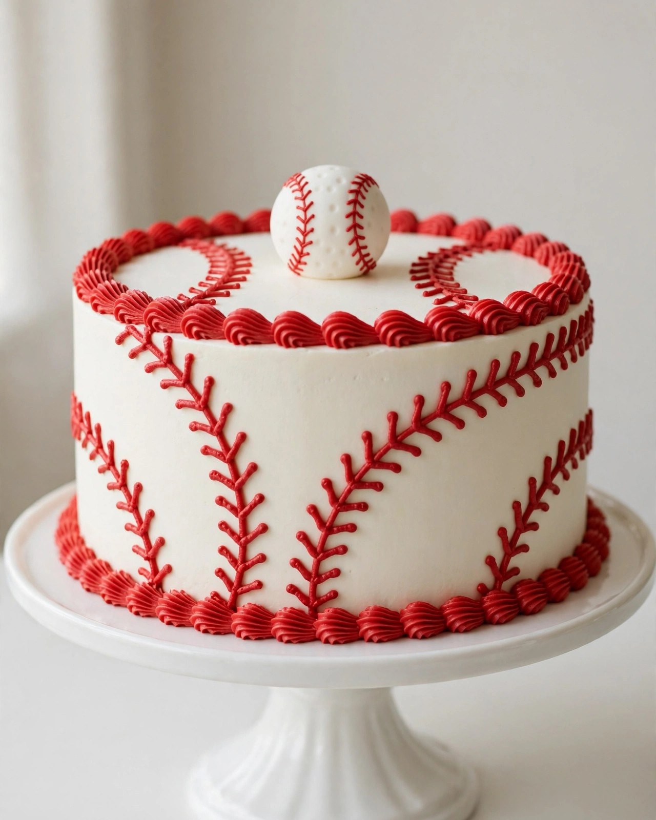 Baseball-themed birthday cake design with red stitching and batter topper