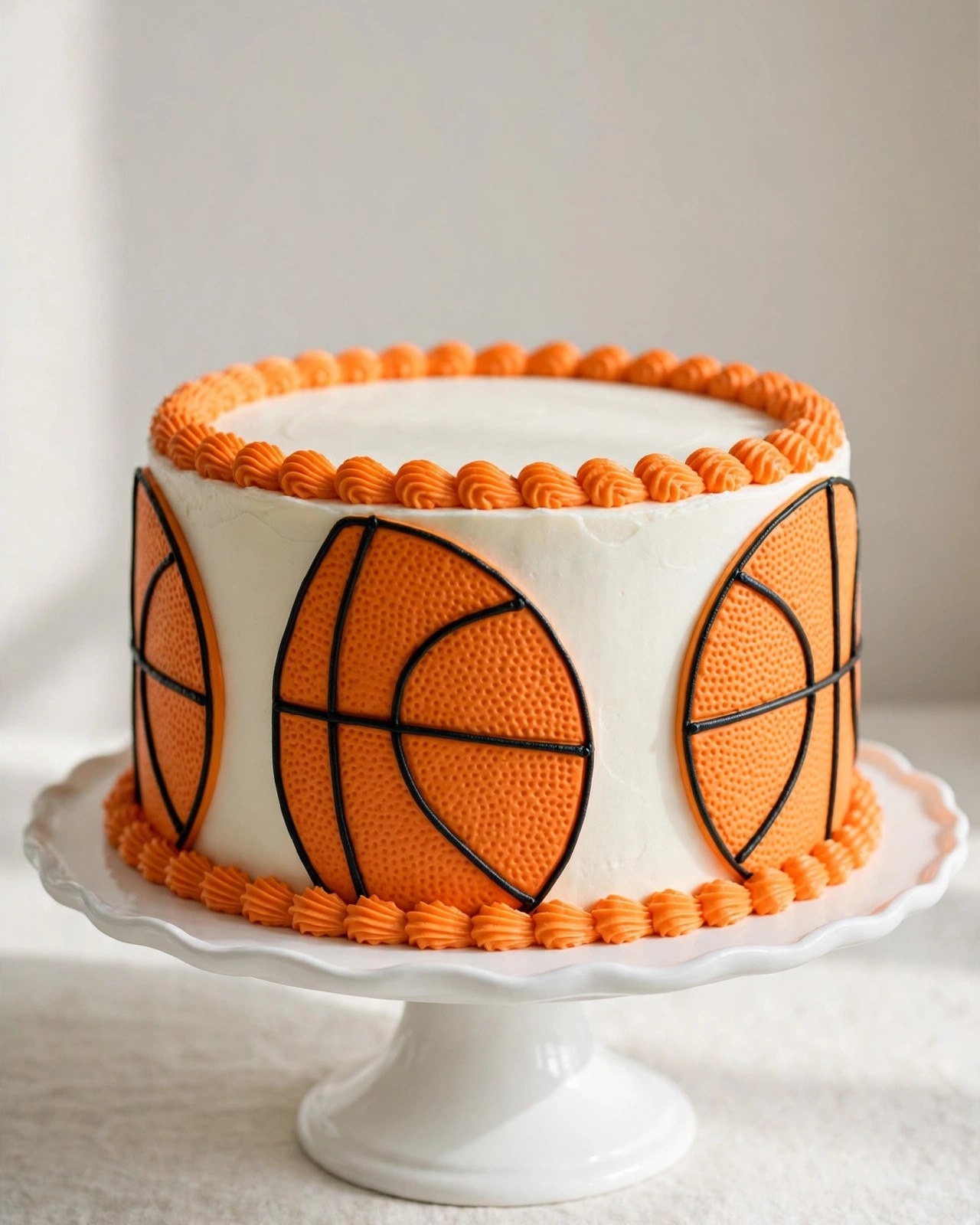 Basketball-themed birthday cake design with basketball texture frosting and player topper
