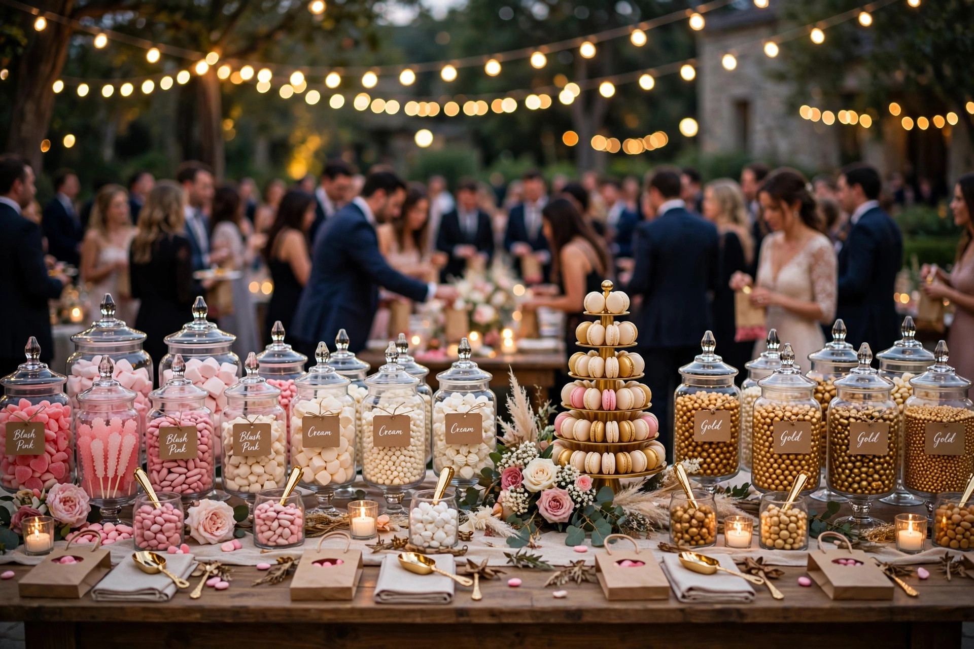 Wedding candy bar station with apothecary jars of color-matched candy and a macaron tower at an evening reception