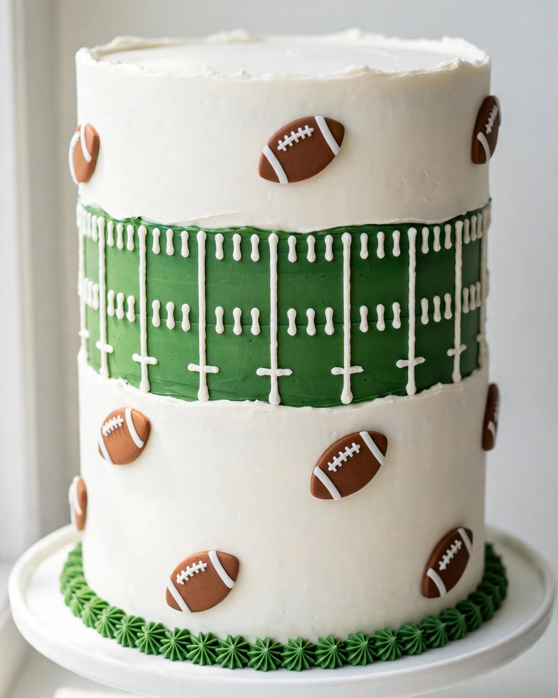American football-themed birthday cake design with field band and player topper