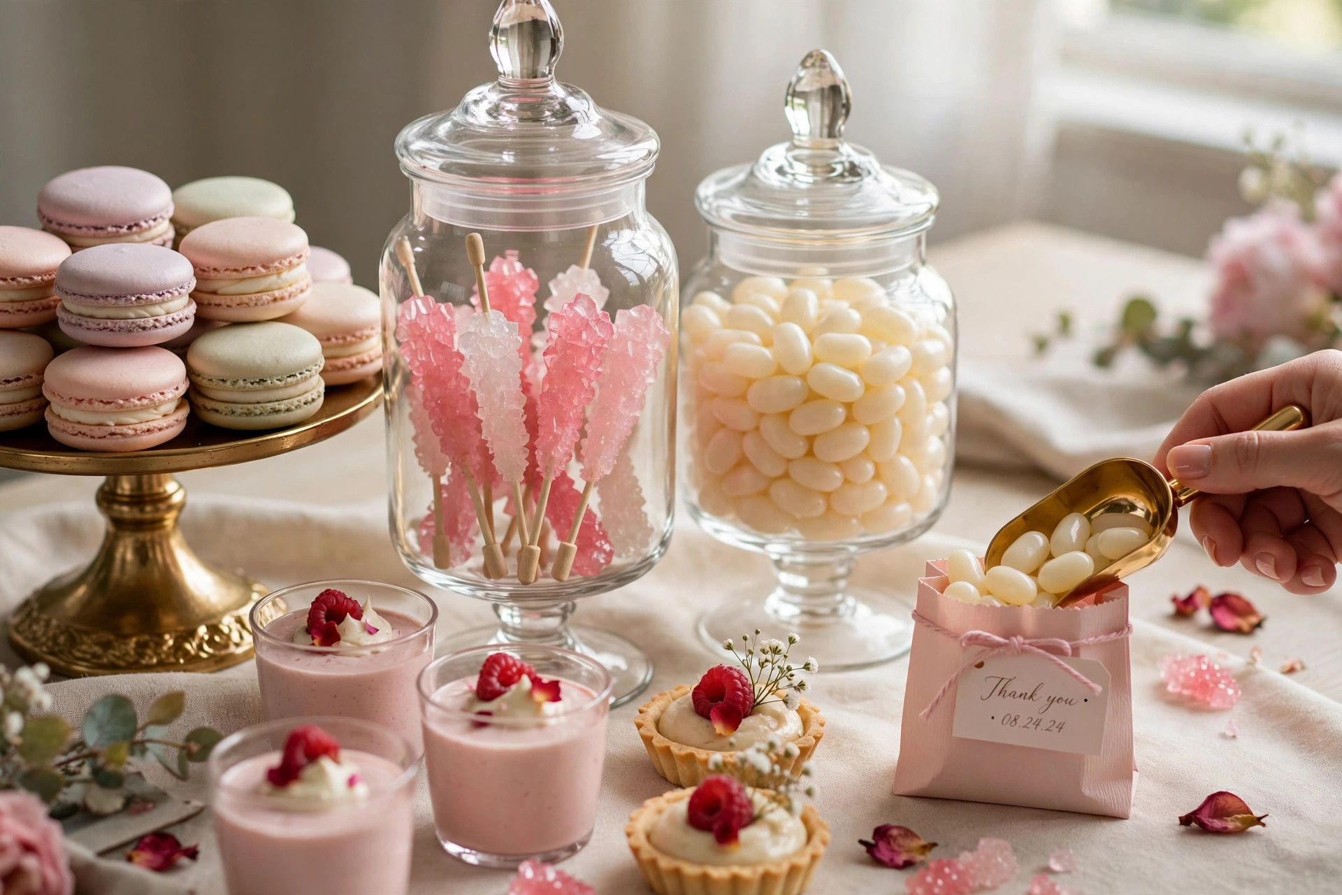 Close-up of pastel macarons, candy jars and a guest filling a blush favor bag with a gold scoop