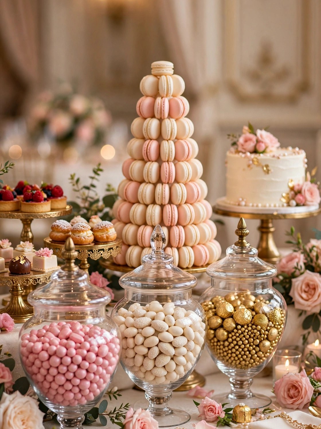 Wedding candy and dessert bar with apothecary jars of pastel candy and a macaron tower centerpiece, SoulMade Desserts