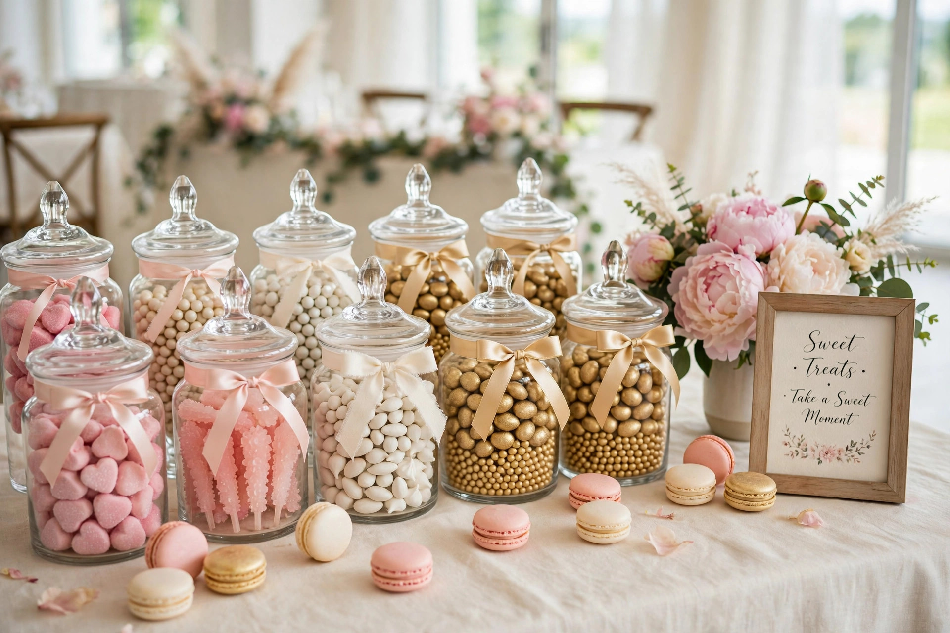 Apothecary jars of color-matched blush, ivory and gold candy with pastel macarons on a wedding candy bar